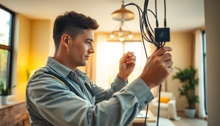 Efficient electrical contractor installing lighting fixtures in a modern home setting