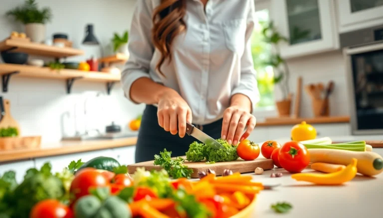 Bereid gezonde maaltijden met https://www.dieetcheck.nl in een zonnige keuken vol kleurrijke ingrediënten.