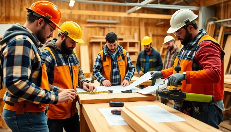Engaged apprentices in a carpentry apprenticeship near me workshop, learning essential skills.