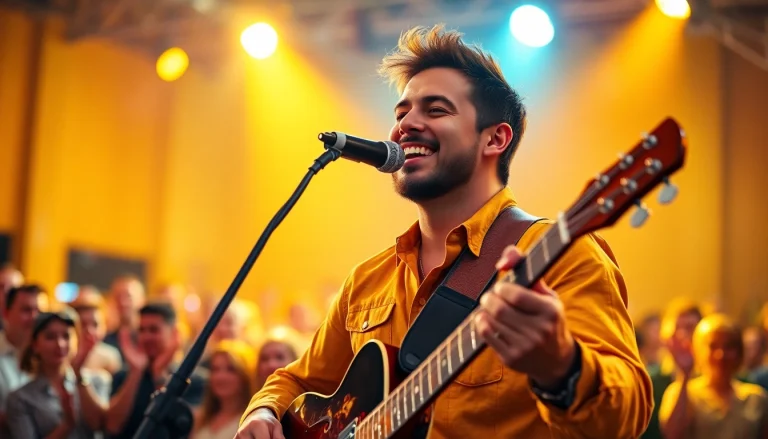 Engaging musician actively involved in music pitching to an enthusiastic audience.