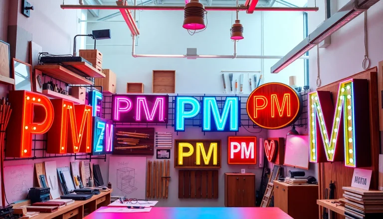 Showcase of creatively designed pm signs in a modern studio, highlighting craft and professionalism.
