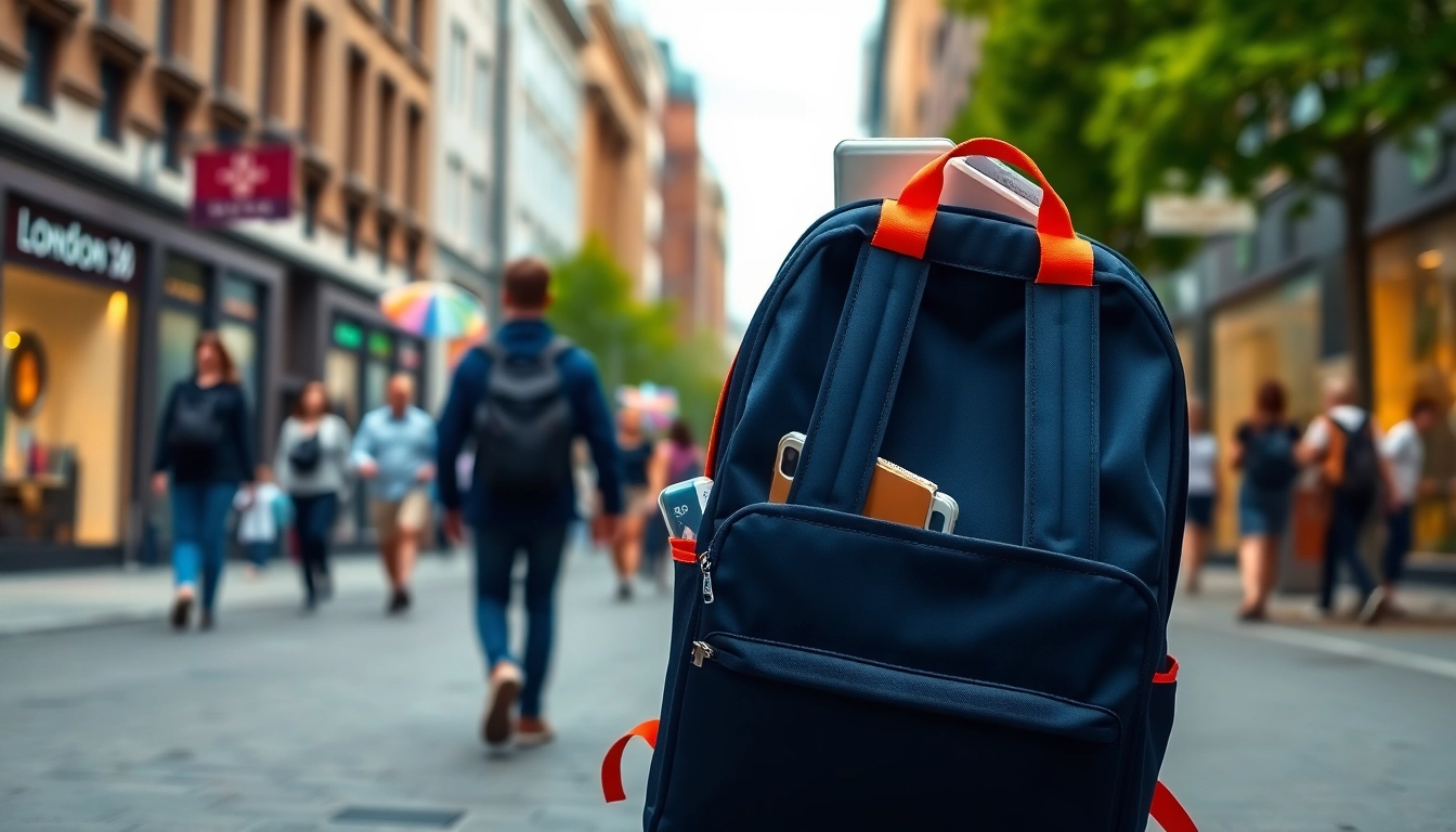 Showcasing a London Backpack brand in an urban environment, emphasizing modern design and practicality.