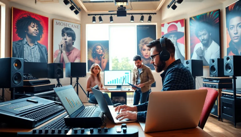 Engaged team strategizing music promotion services with modern equipment in a vibrant studio.
