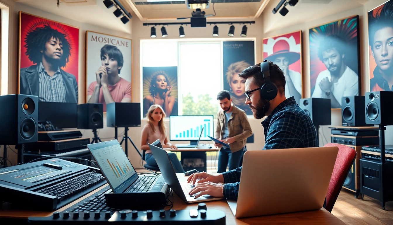 Engaged team strategizing music promotion services with modern equipment in a vibrant studio.