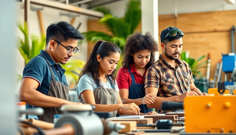Students practicing skills at hawaii trade schools surrounded by tools and engaging in hands-on projects.
