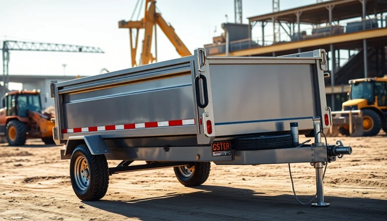 Find a dump trailer for sale near me—highlighting its robust design in a construction site.