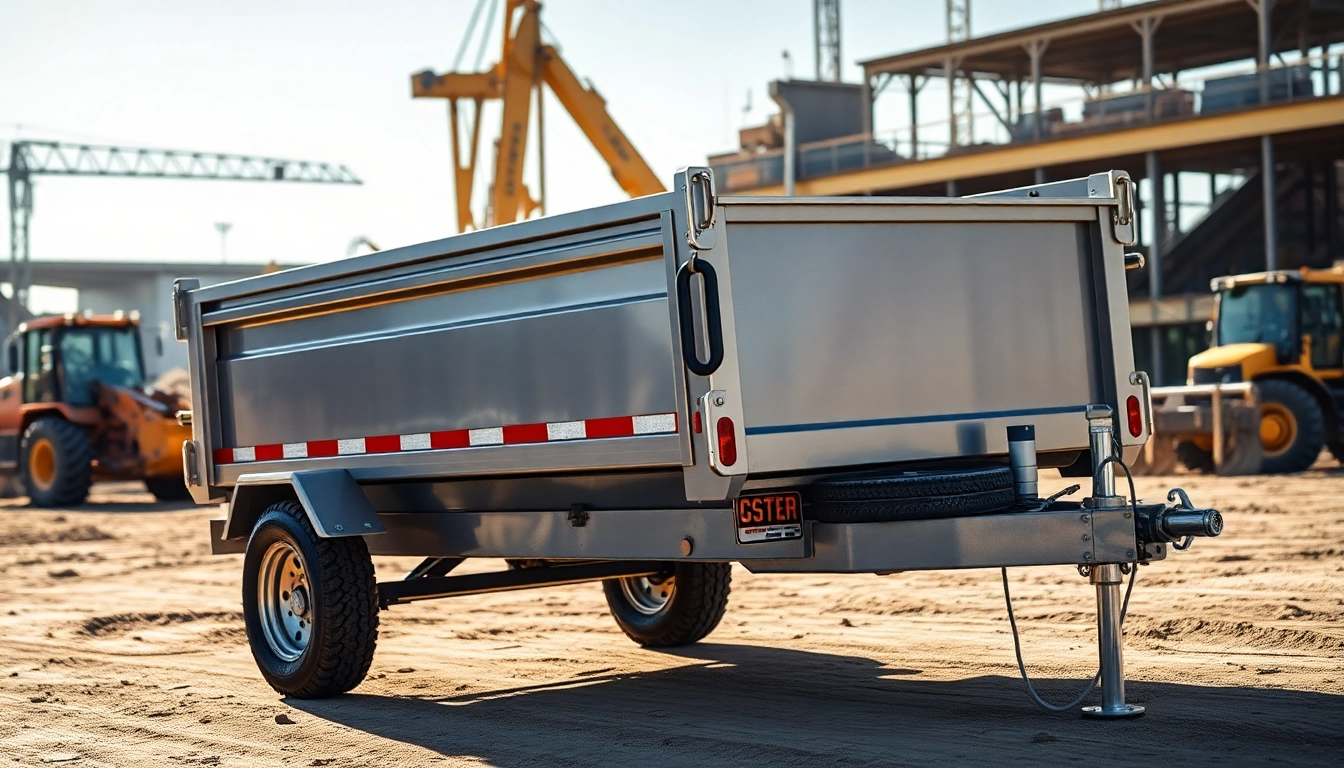 Find a dump trailer for sale near me—highlighting its robust design in a construction site.