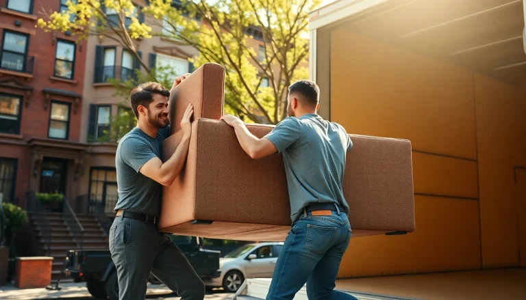 Watch Queens movers skillfully handle a couch, reflecting teamwork and a vibrant city environment.