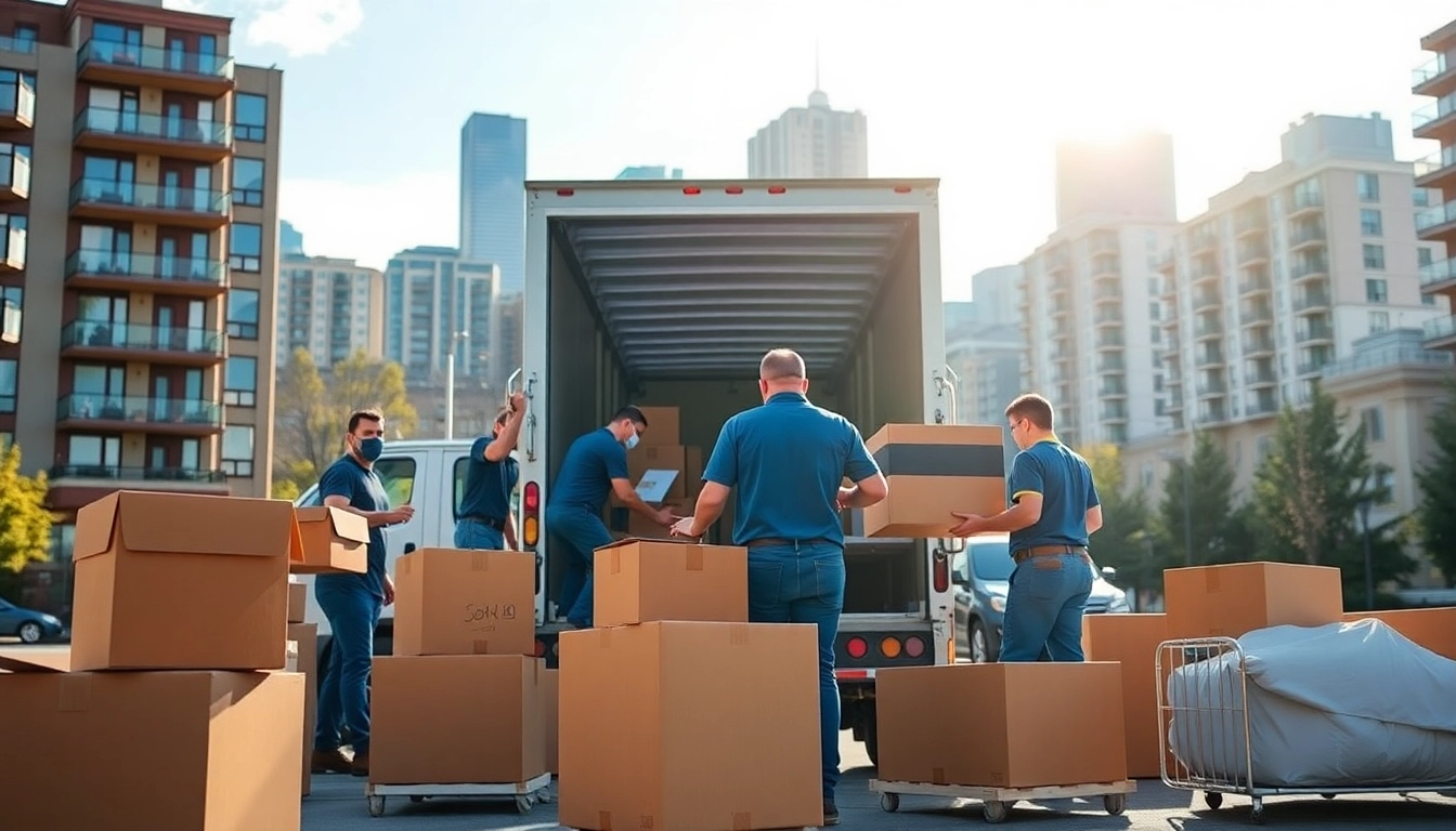 Moving team efficiently handling movers calgary service within an urban environment, showcasing teamwork.