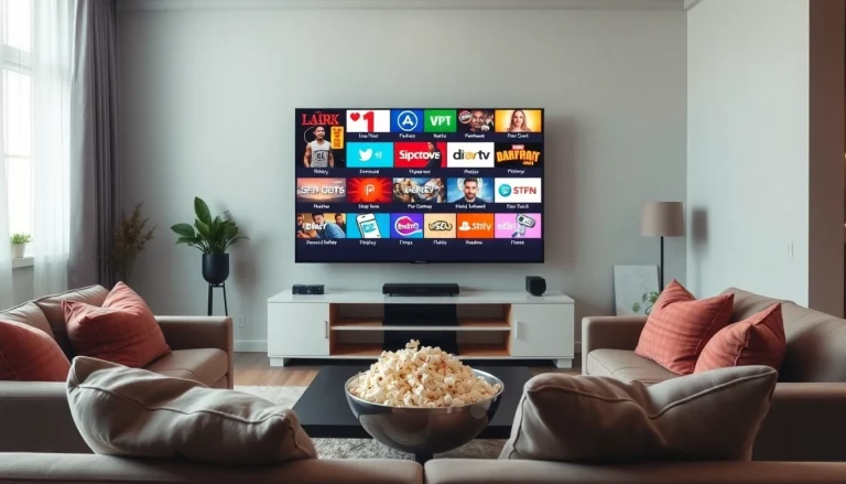 Comprar IPTV en un moderno setup de entretenimiento en casa con televisión y mobiliario acogedor.