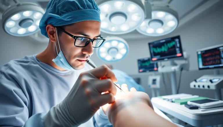 Handchirurgie Braunschweig: Hand surgeon skillfully performing surgery in a modern operating room.