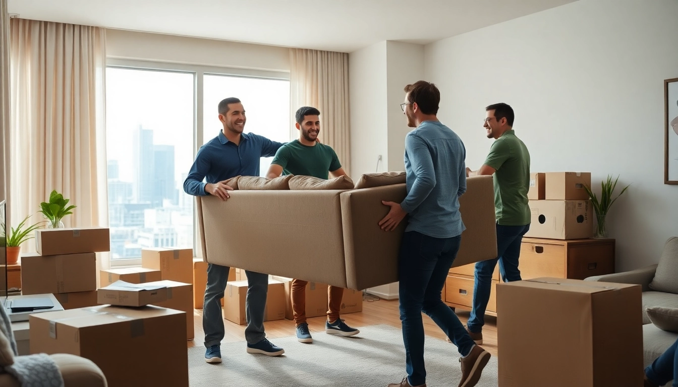 Moving Toronto with professional movers efficiently handling a large couch in an apartment.
