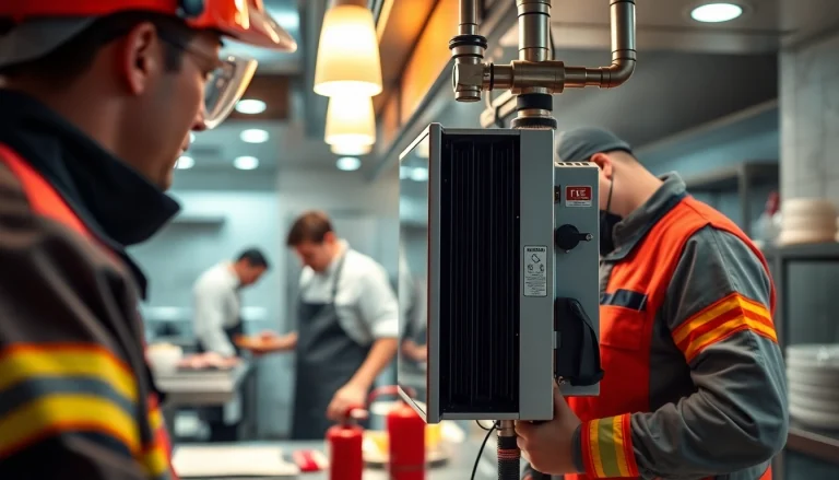 Team installing a fire suppression service in a commercial kitchen.