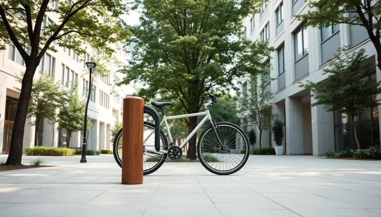Minimalist bike rack elegantly displayed with bicycles in an urban environment.