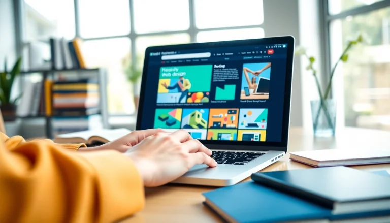 Kansas City web design showcasing a web designer at work with creative graphics.