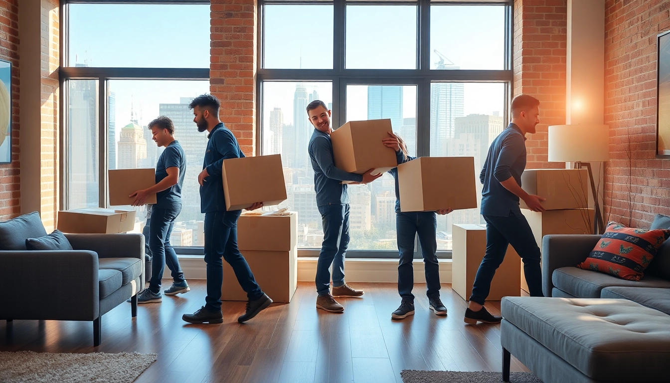 Movers from a Manhattan moving company efficiently relocating boxes and furniture.