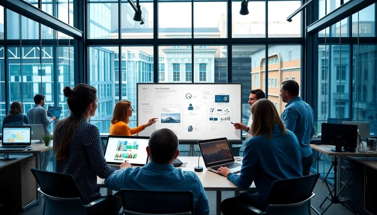 Collaborative team of kansas city web design company discussing website prototypes in a modern office.